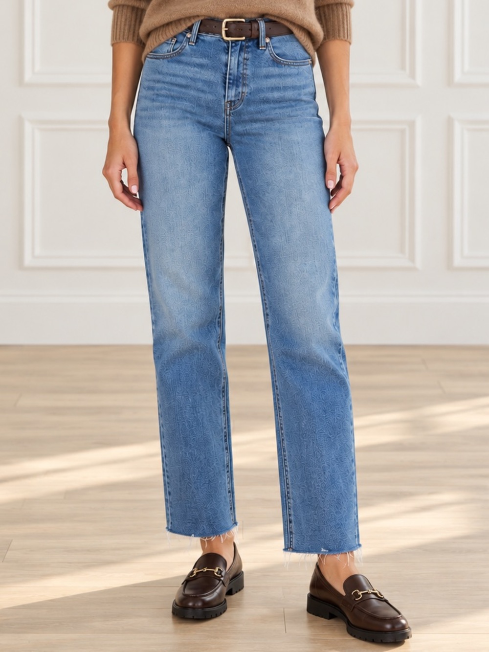 Quince Bella Stretch Straight Jeans Size 25 Twilight Blue Fray High Rise